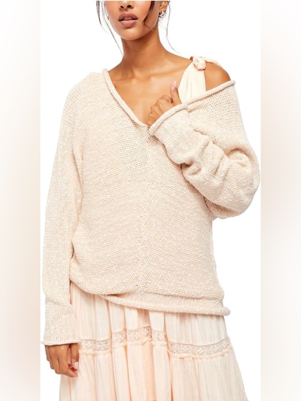 Free People "Bright Lights" Oversized V-Neck Pullover Knit Sweater Cream M Boho